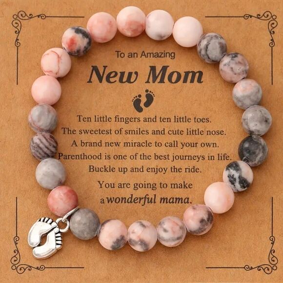Natural Jasper Stone "New Mom" Stretch Therapy Beaded Charm Bracelet Baby Feet - Picture 1 of 4